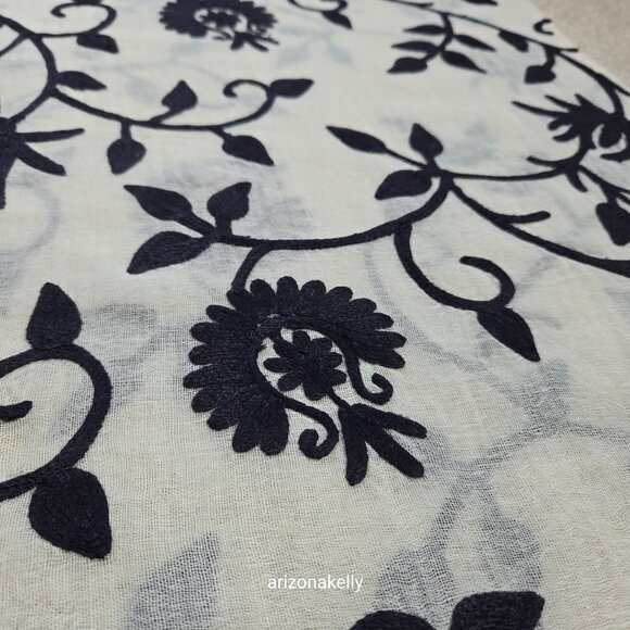 Ivory Wool Scarf with Black Chain Stitch Embroidery - Picture 12 of 14